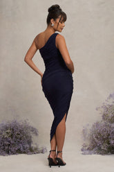 Navy Maternity Ruched One Shoulder Midi Dress